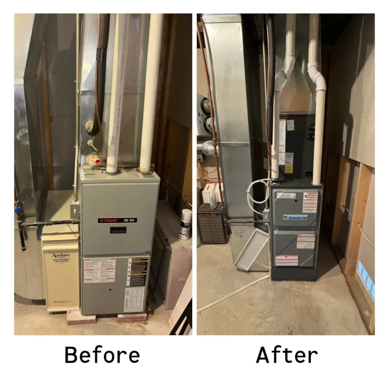 Residential furnace equipment shown before and after an upgrade