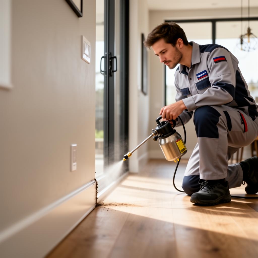 A pest technician applying treatment along a residential baseboard