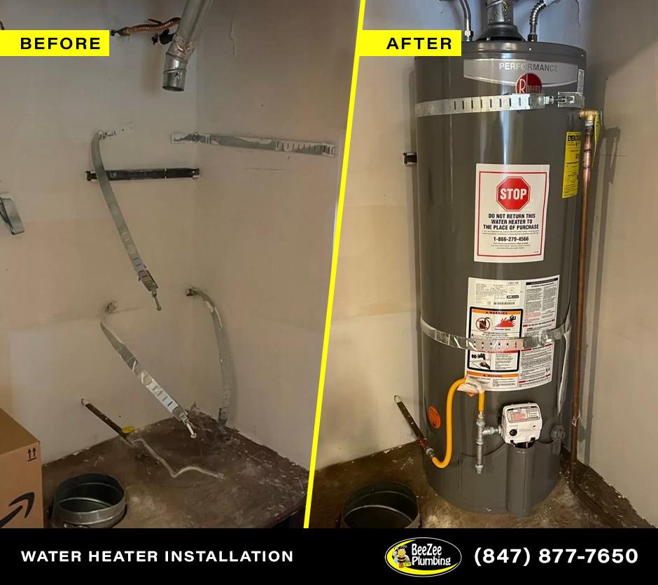 A residential water heater set in a utility area