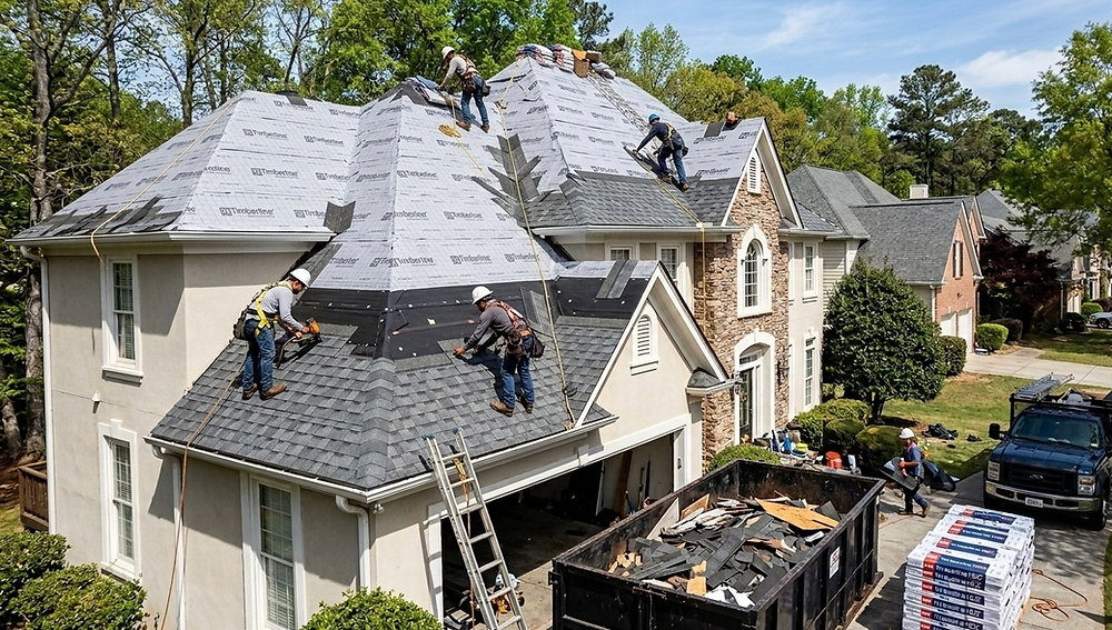 A residential roofing crew installing a complete new roof system